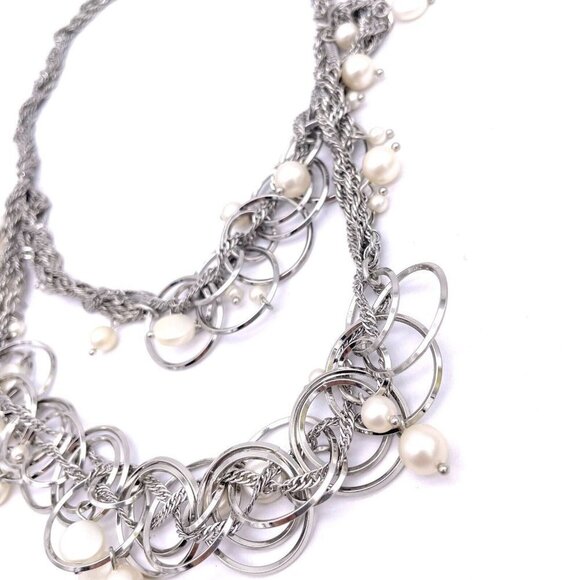Talbots Beaded Pearl Discs Rings Layered Chain Necklace Silver Tone 19 to 21 in - Picture 3 of 6